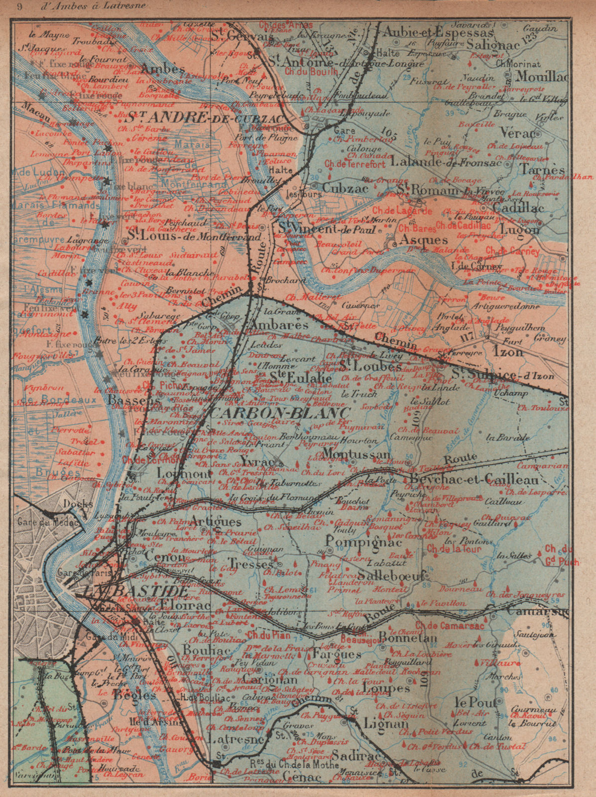 BORDEAUX WINE MAP. Entre-deux-mers Haut-Médoc chateaux. COCKS & FERET 1908